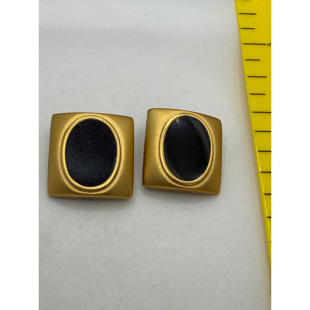 Vintage Matte Gold-Tone Square Clip-On Earrings with Black Oval Cabochon